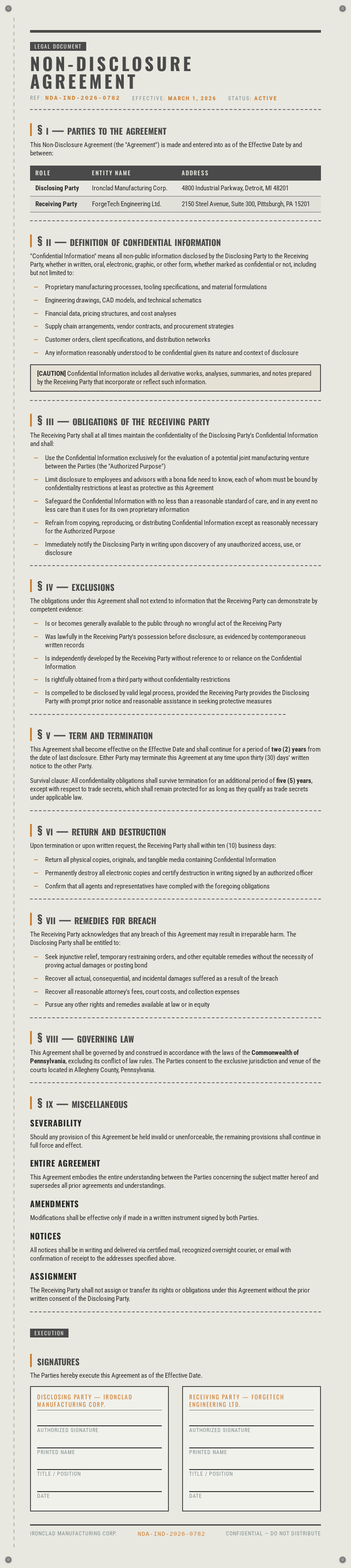 Industrial raw Non Disclosure Agreement